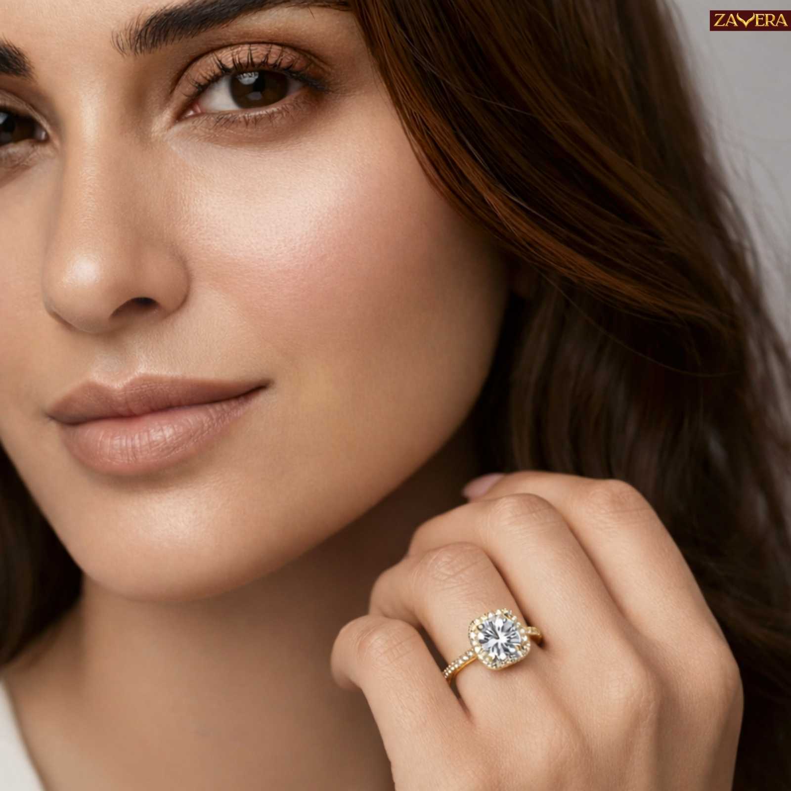 Zavera Gold Plated Halo Stone Adjustable Ring