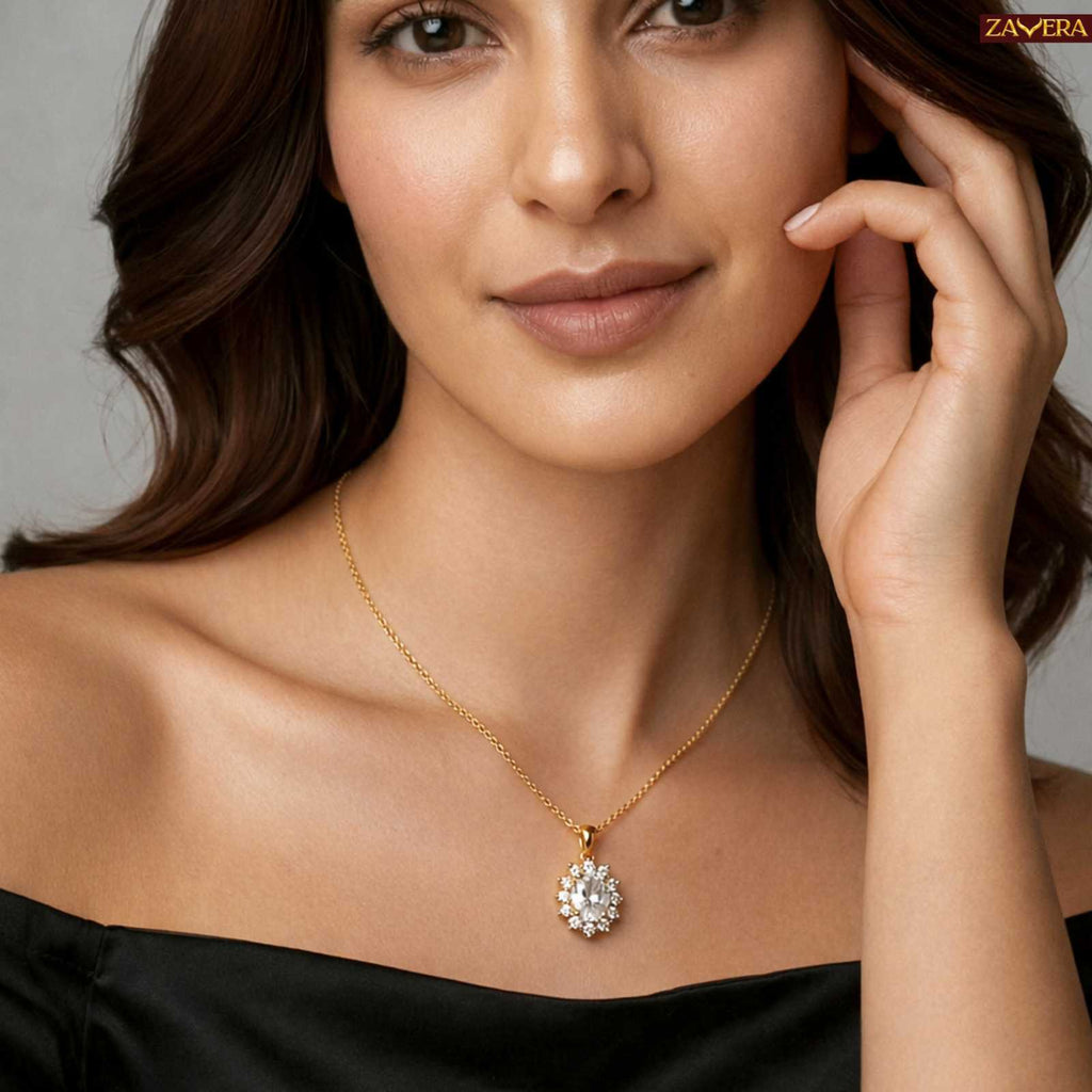 Zavera Floral Oval Gold Plated Pendant Necklace