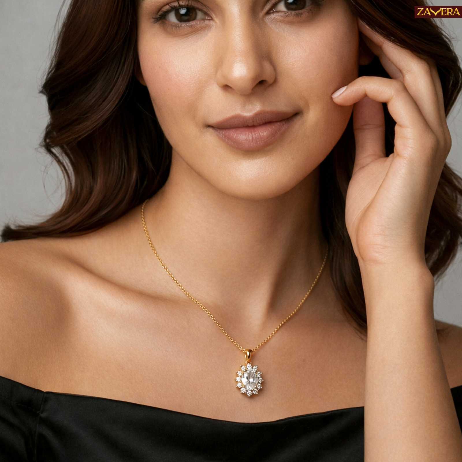 Zavera Floral Oval Gold Plated Pendant Necklace