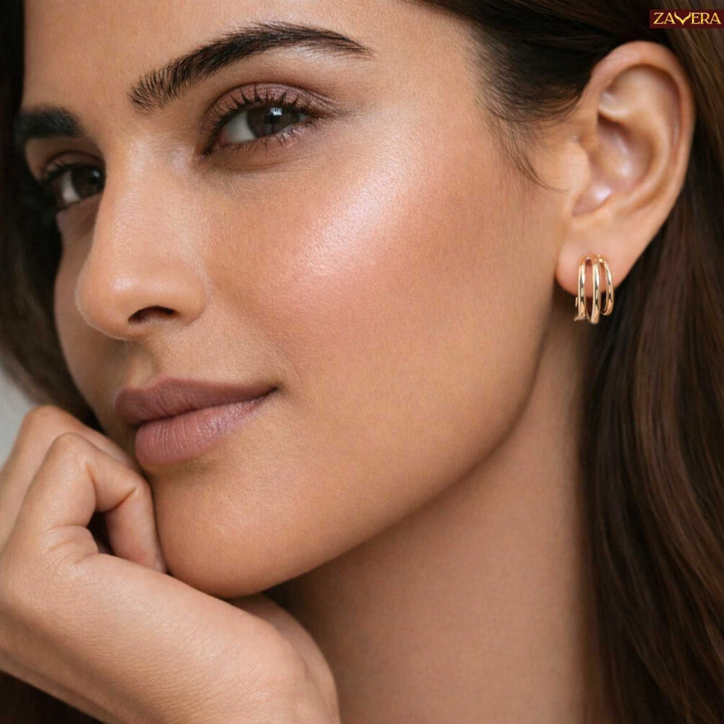 Minimal Triple Ring Gold Plated Earrings For Women