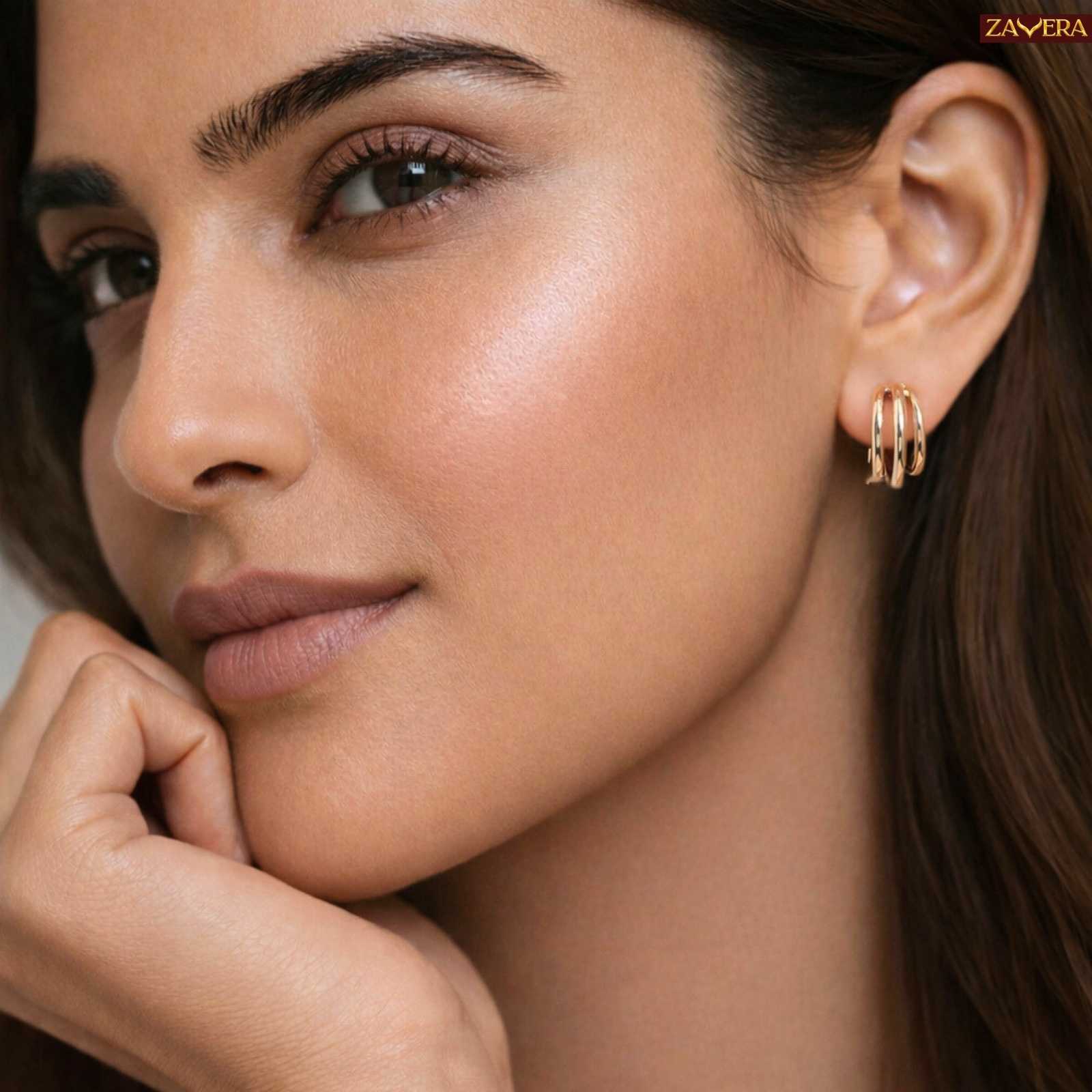 Minimal Triple Ring Gold Plated Earrings For Women