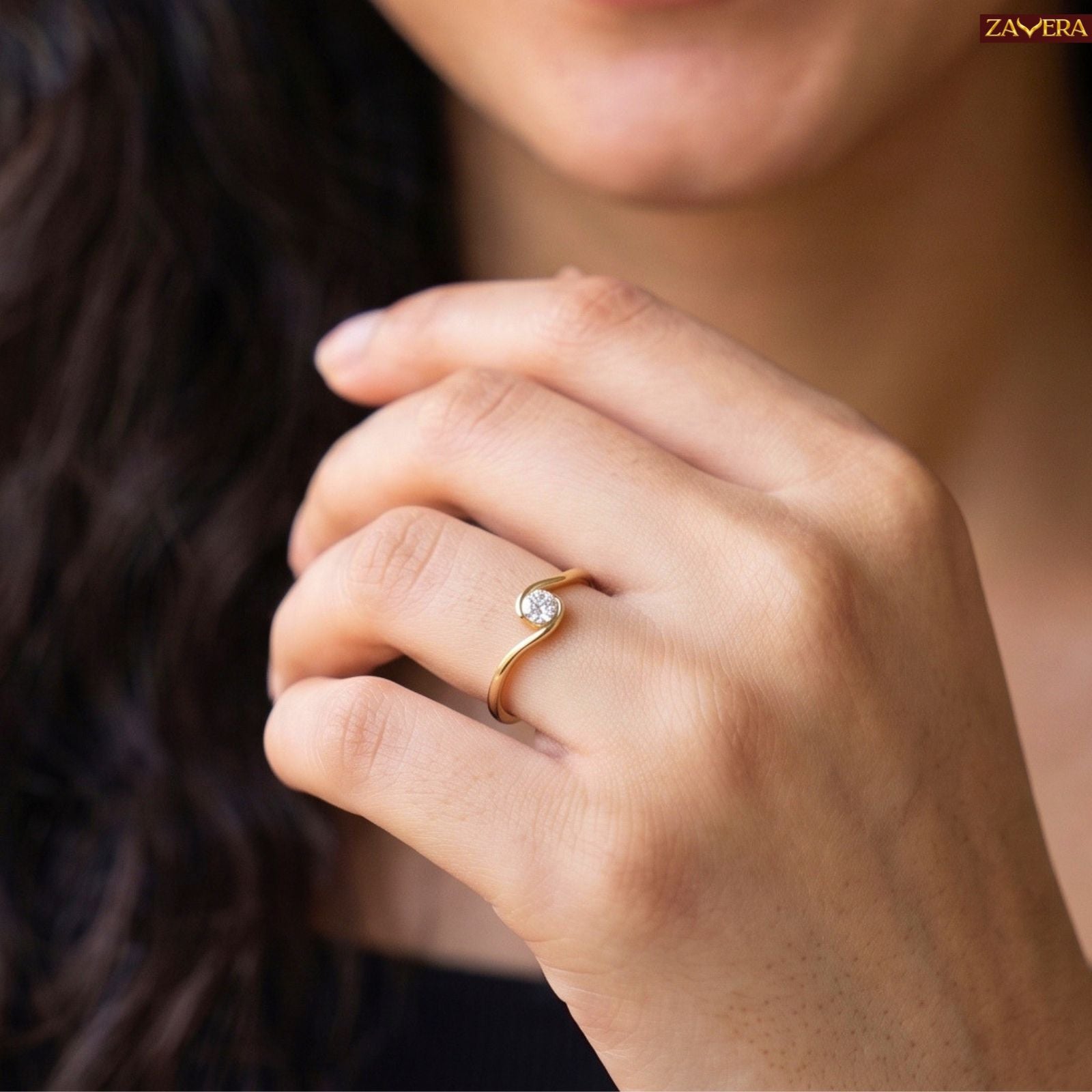 Zavera Brass 22K  Classic Twist Solitaire Gold Plated Ring For Women
