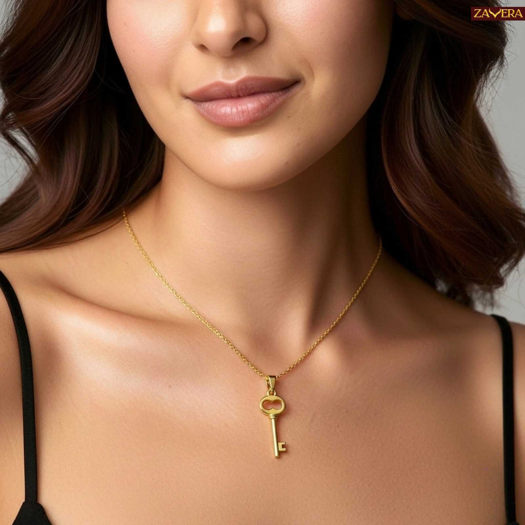 Gold Plated Key Pendant Necklace for Women Brass Chain Jewelry