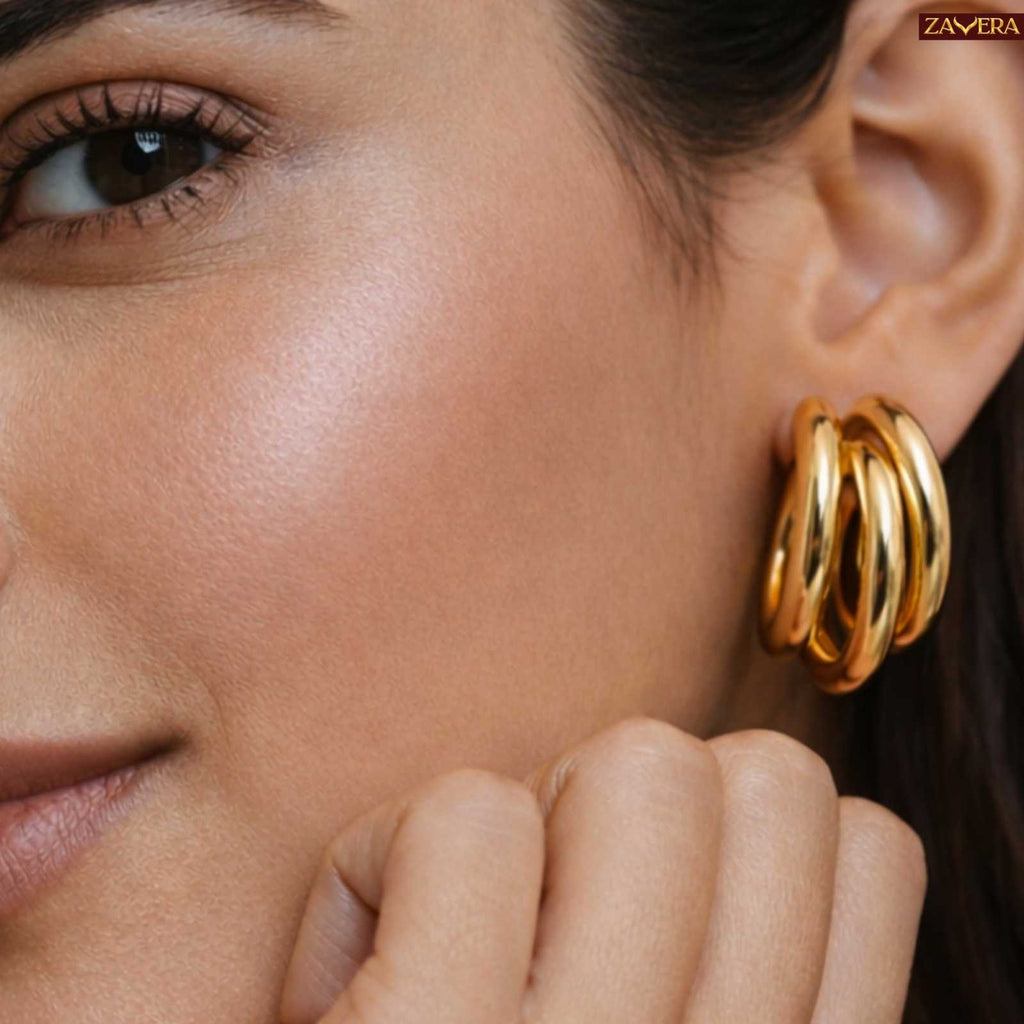 Chunky Triple Hoop Gold Plated Earrings For Women
