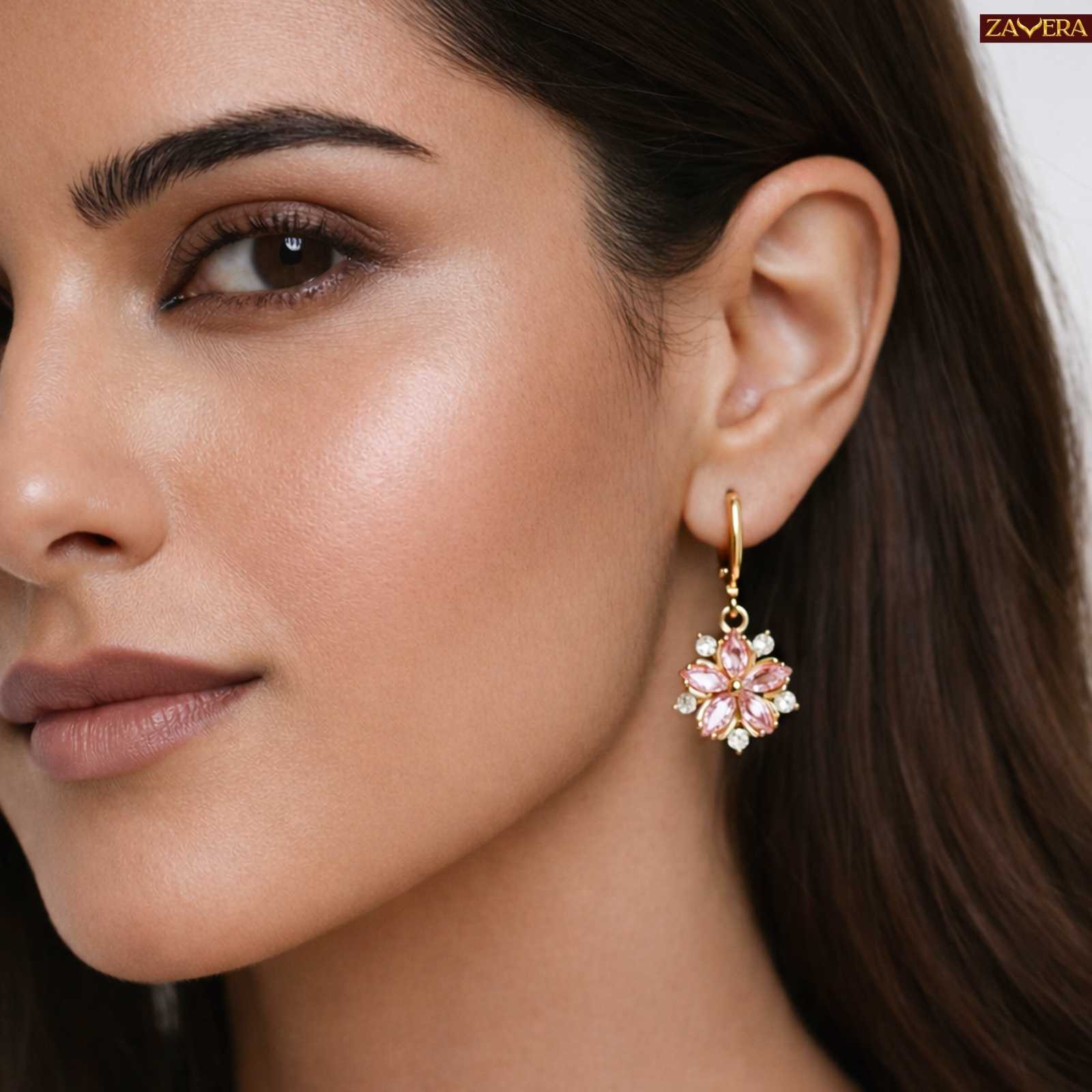 Pink Crystal Flower Gold Plated Drop Earrings For Women