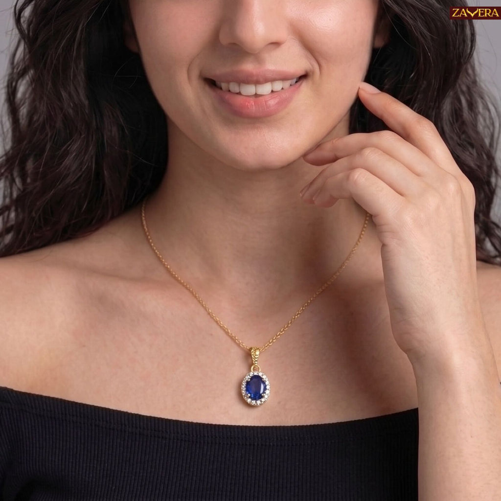 Zavera Gold Plated Blue Stone Pendant For Women