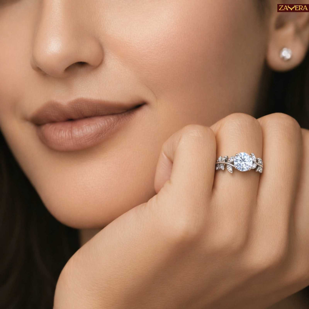Zavera Silver Plated Leaf Vine Solitaire Adjustable Ring