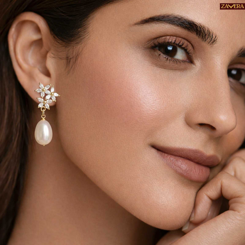 Elegant Floral Pearl Gold Plated Drop Earrings For Women