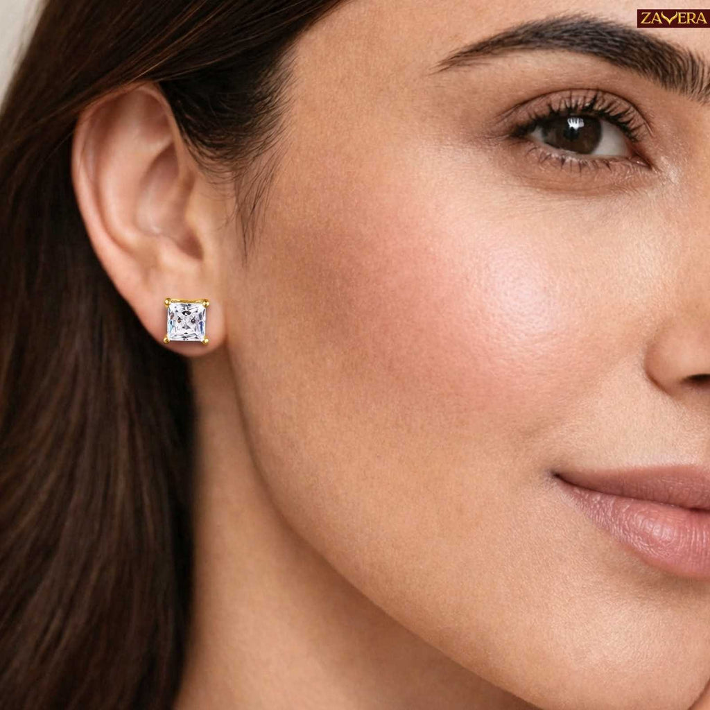 Zavera Princess Solitaire Gold Plated Stud Earrings