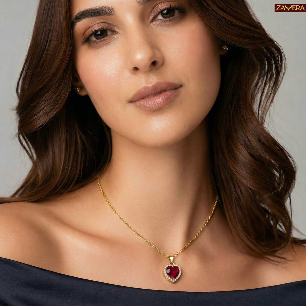 Zavera Red Heart Halo Diamond Gold Plated Pendant