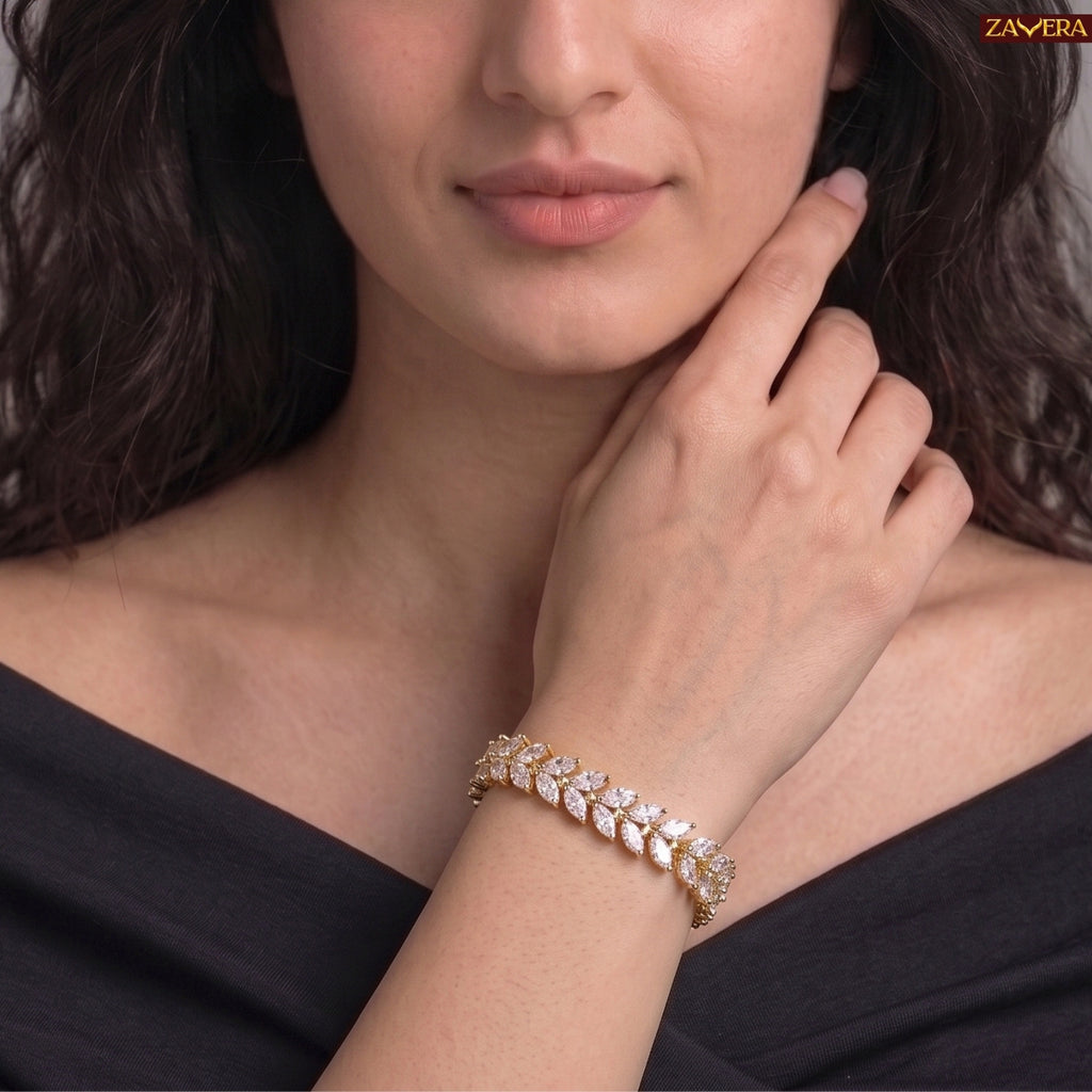 Zavera Gold Plated Marquise CZ Crystal Leaf Laurel Tennis Bracelet for Women