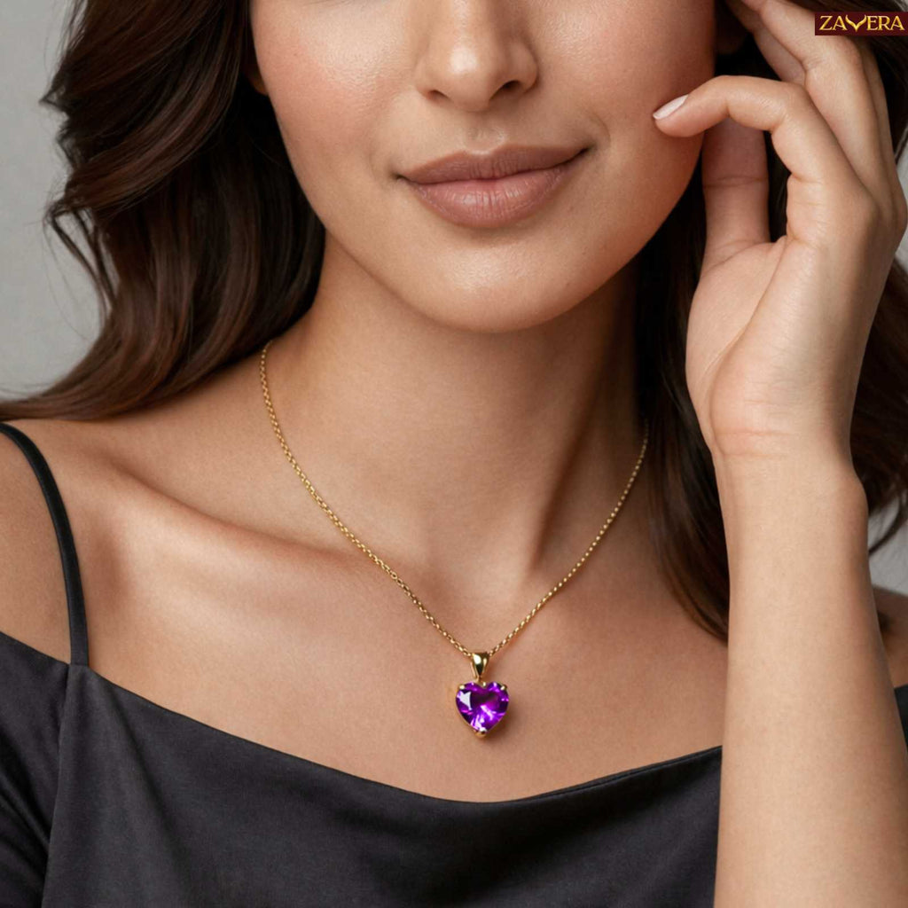 Zavera Purple Heart Shape Crystal Pendant Gold Plated