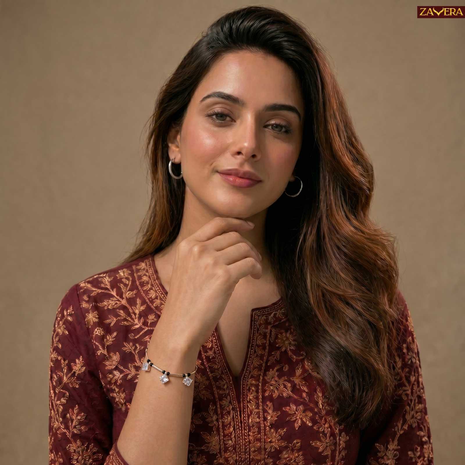 Zavera Triple Square Crystal Gold Plated Mangalsutra Bracelet