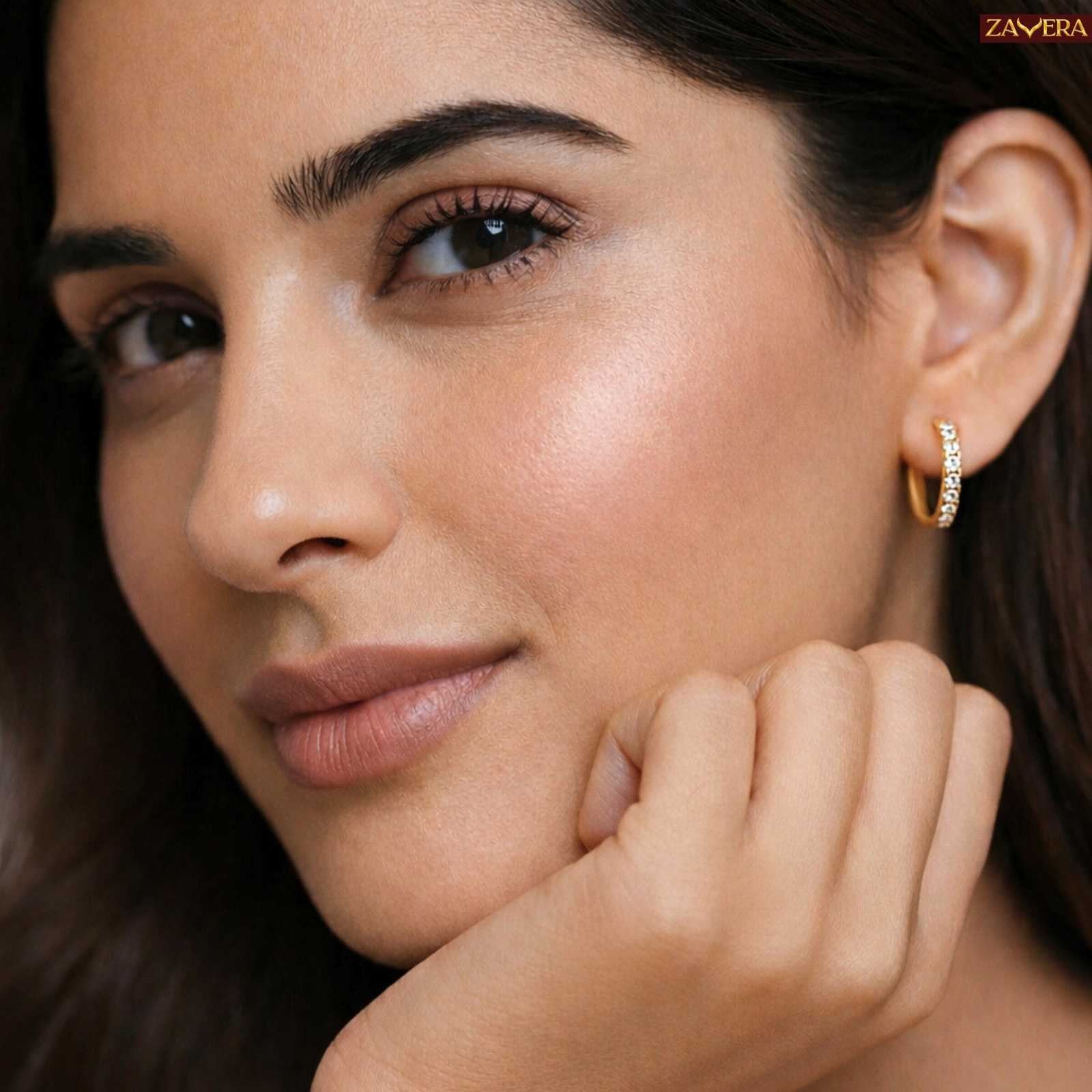 Minimal Round CZ Gold Plated Hoop Earrings For Women