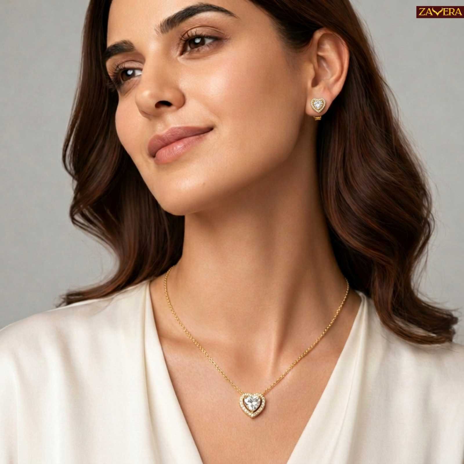 Zavera Gold Plated Crystal Heart Halo Pendant & Stud Earrings Pendant Set