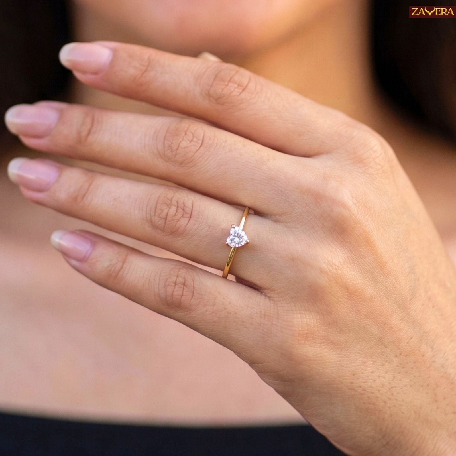 Zavera Brass 22K Heart Shape Solitaire Gold Plated Ring For Women