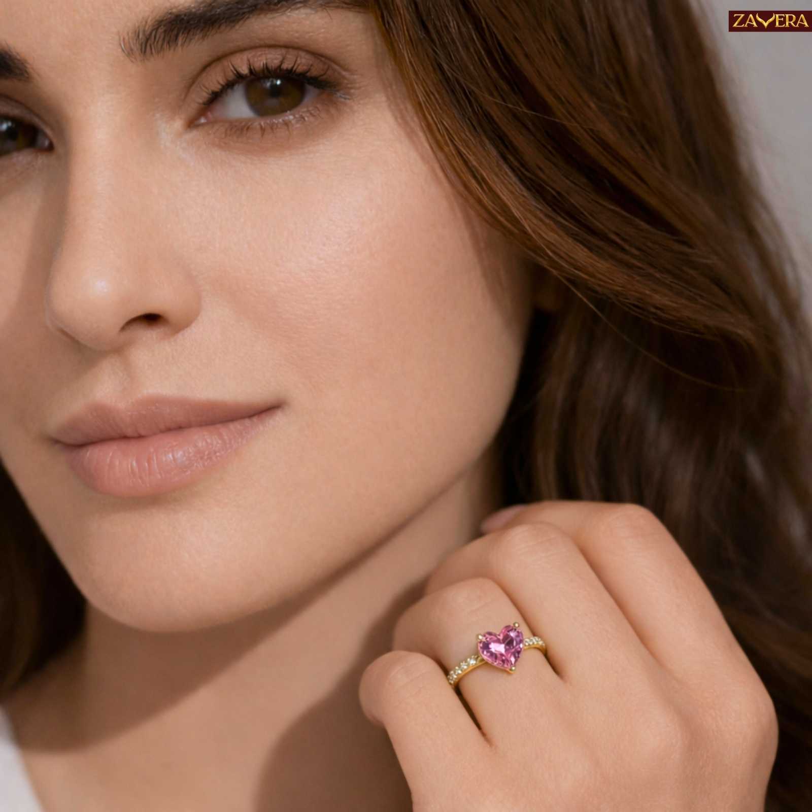 Zavera Gold Plated Pink Blush Heart Adjustable Ring