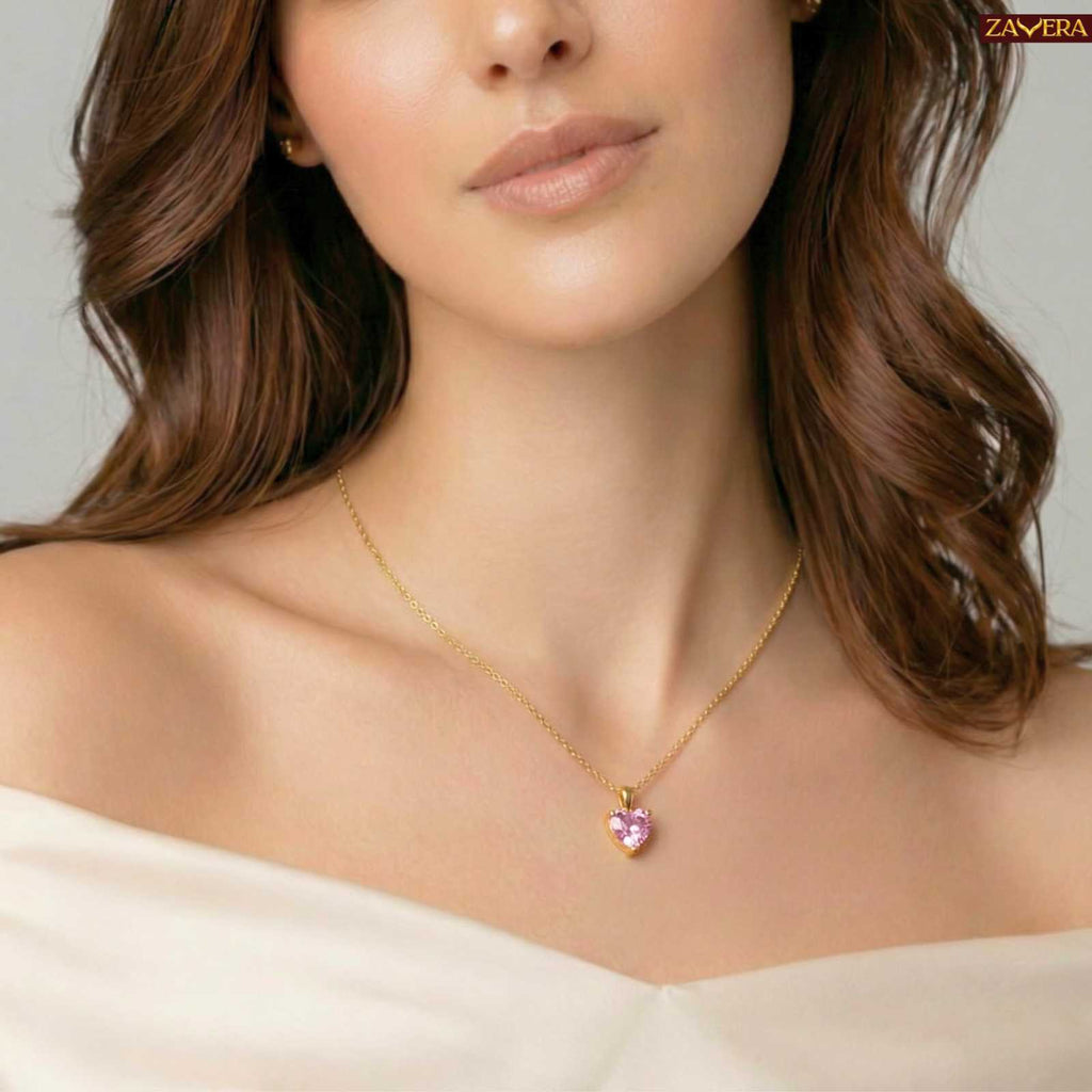 Zavera Pink Heart Shape Crystal Pendant Gold Plated
