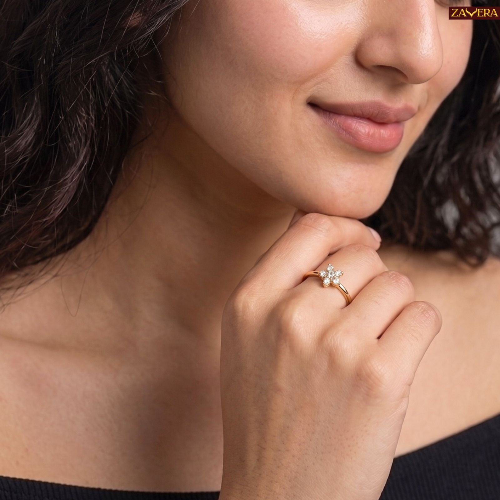 Zavera Brass 22K Floral Cluster Gold Plated Adjustable Ring For Women