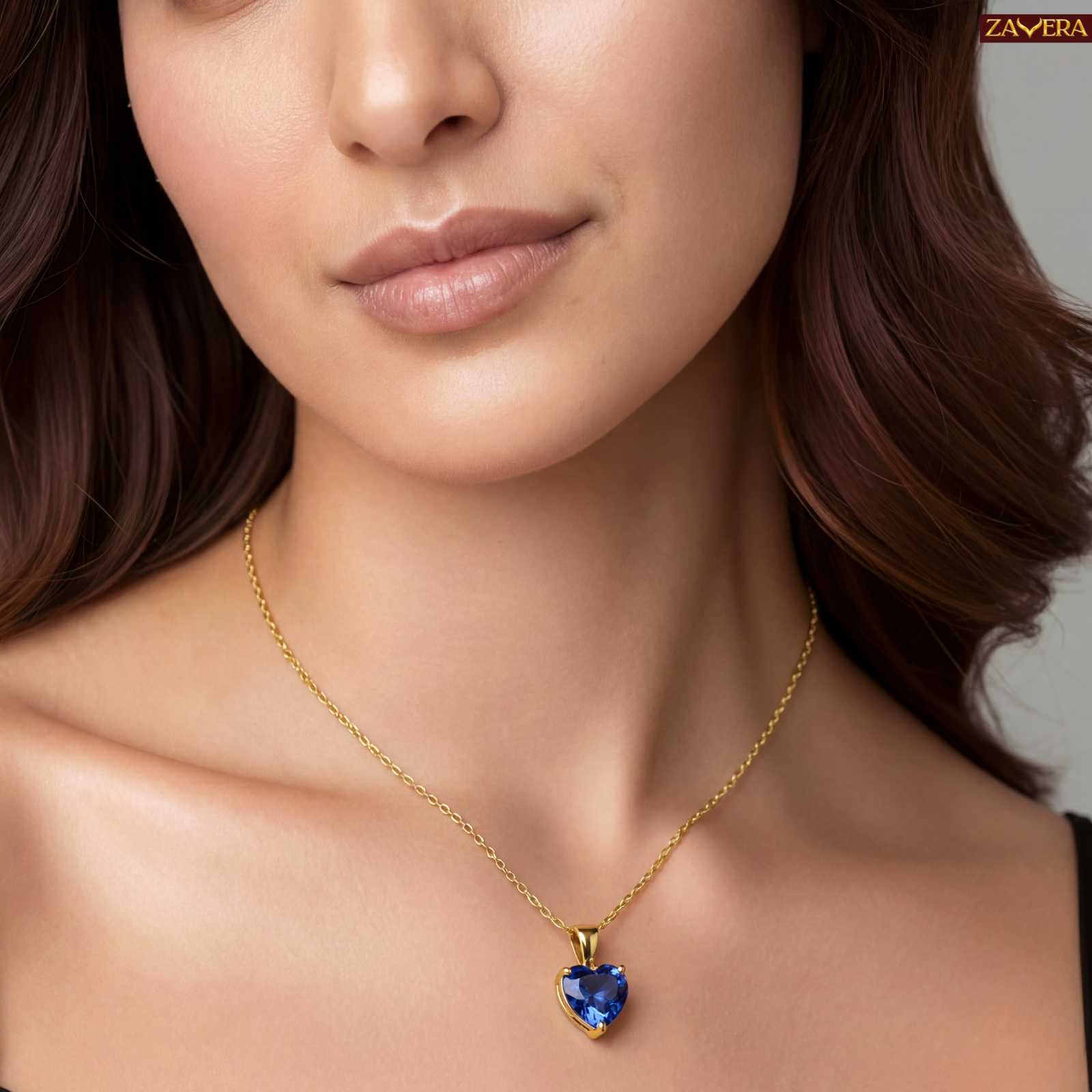 Zavera Royal Blue Heart Shape Crystal Pendant Gold Plated