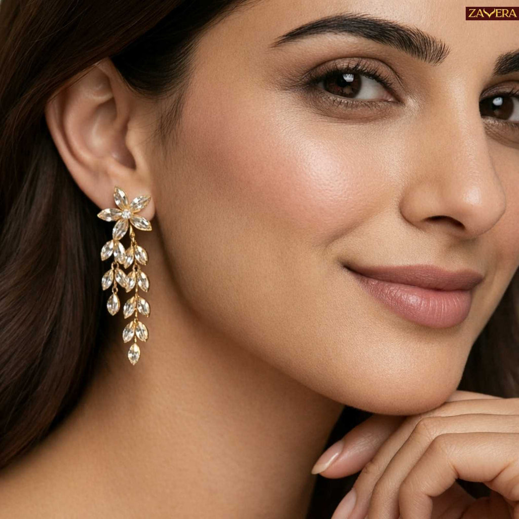 Marquise Crystal Floral Gold Plated Drop Earrings For Women