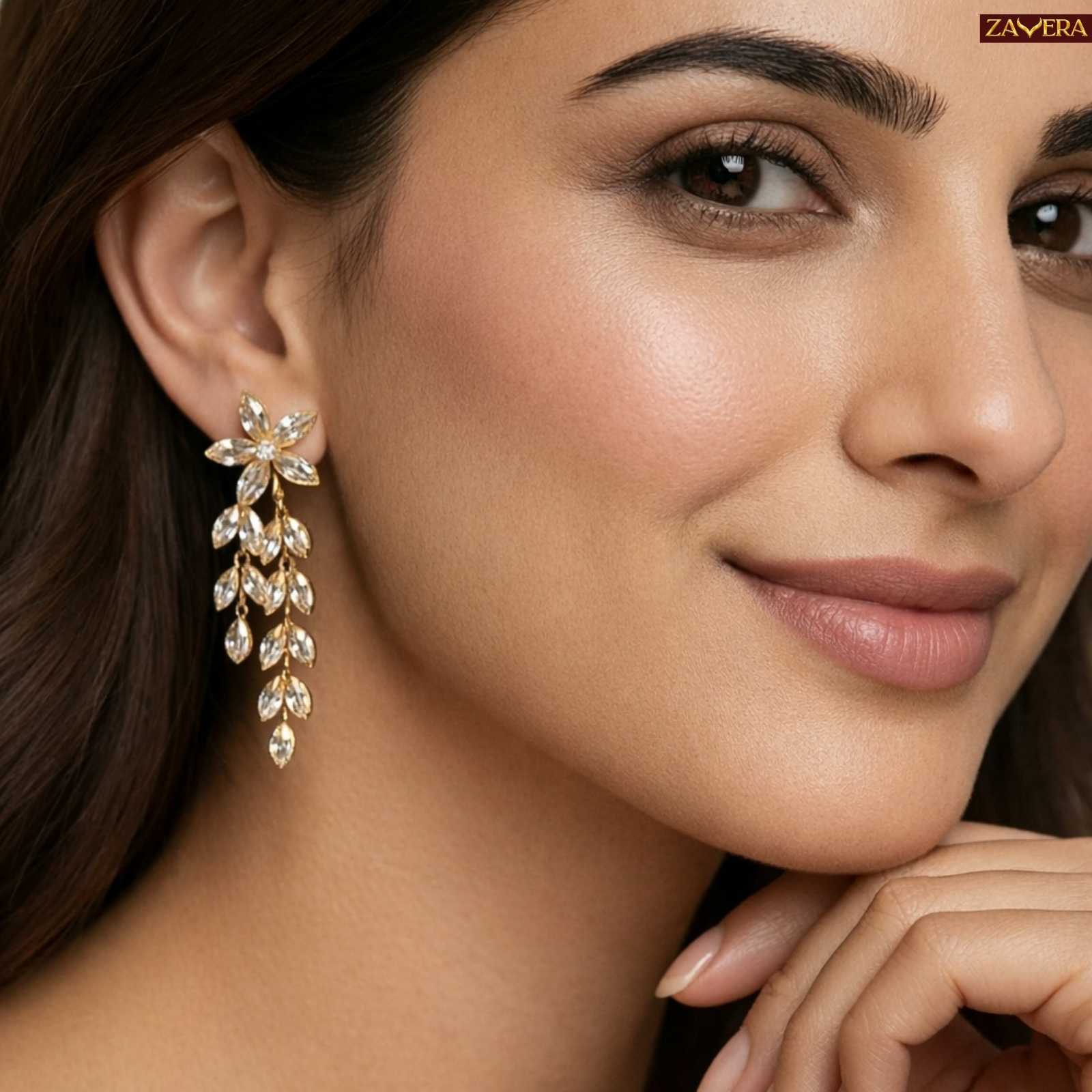 Marquise Crystal Floral Gold Plated Drop Earrings For Women