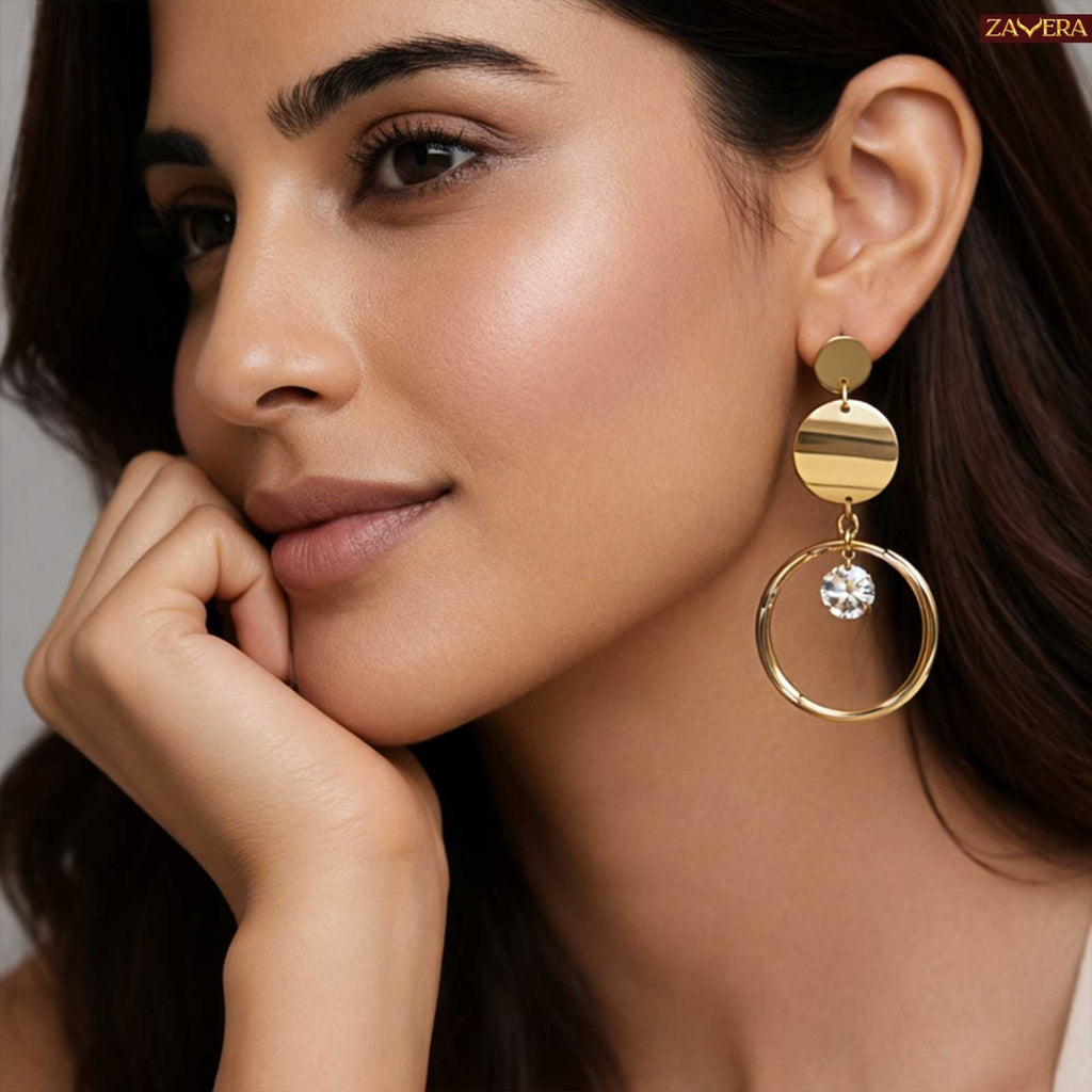 Minimal Round Disc Gold Plated Drop Earrings For Women