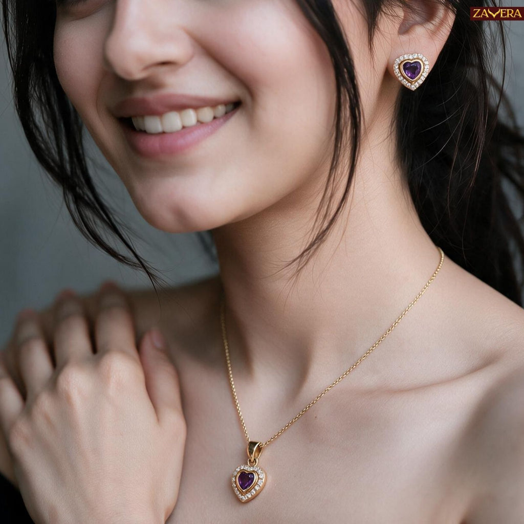 Zavera Gold Plated Purple Heart Pendant Necklace & Earrings Set for Women