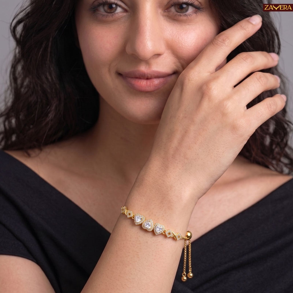 Zavera Gold Plated Trio Heart CZ Crystal Adjustable Bolo Slider Bracelet for Women