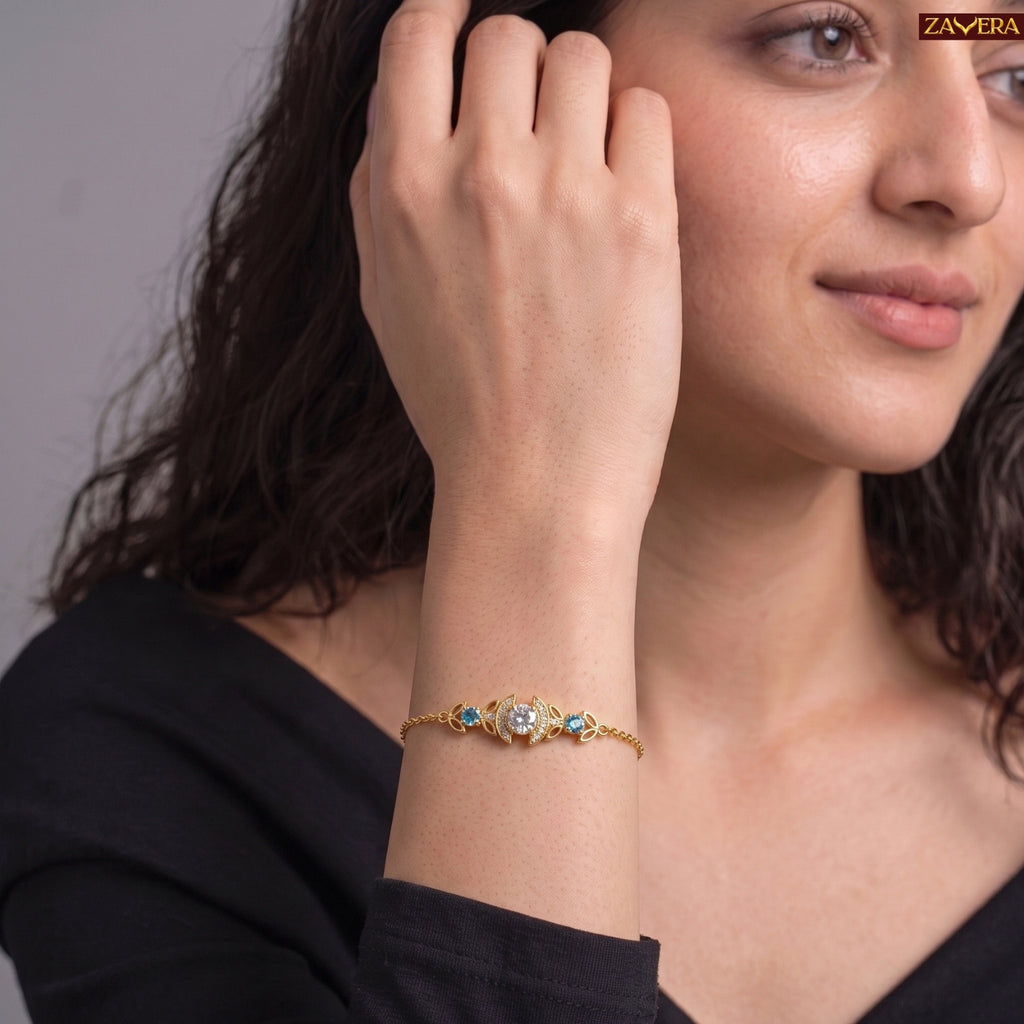 Zavera Gold Plated CZ Crystal & Blue Topaz Charm Bracelet for Women