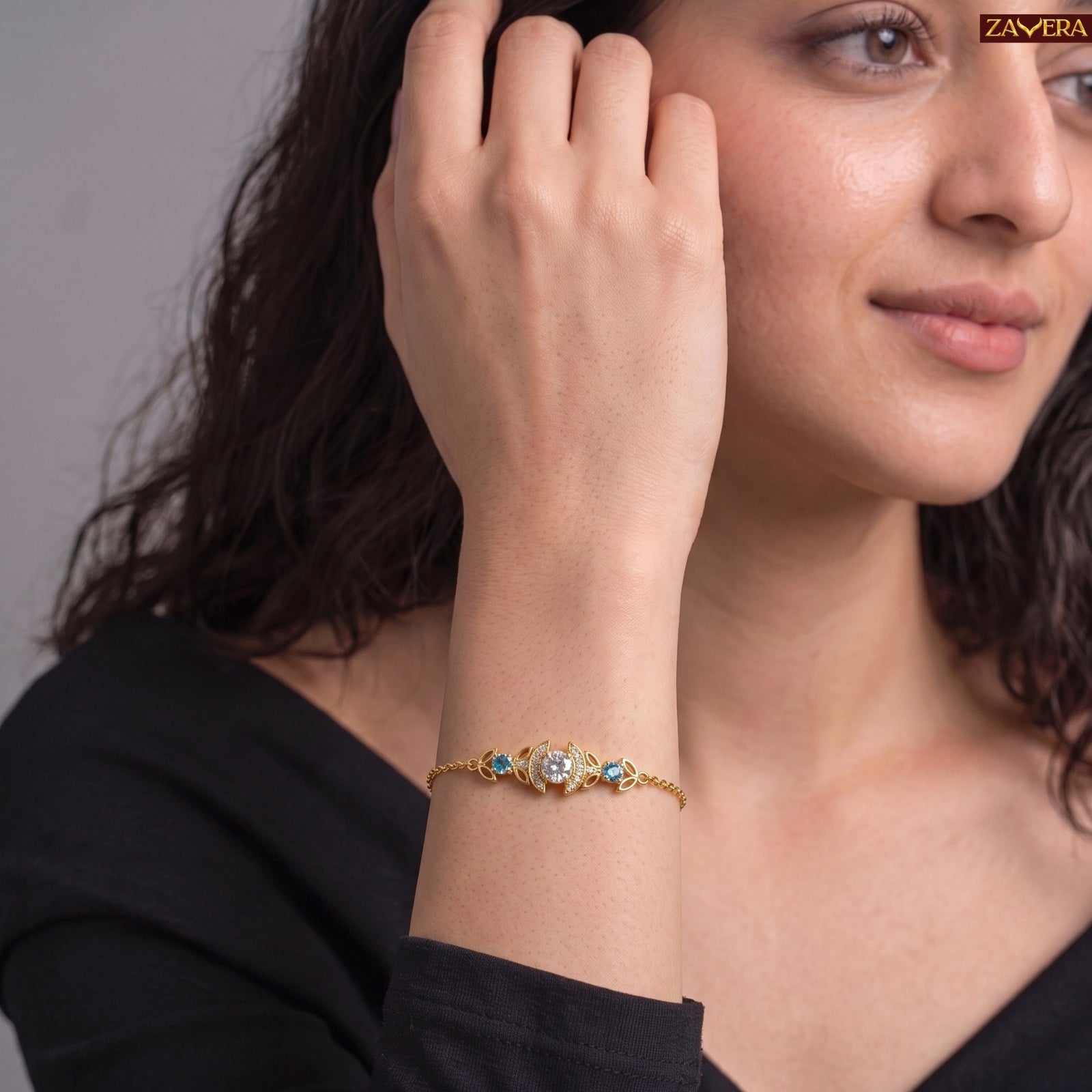 Zavera Gold Plated CZ Crystal & Blue Topaz Charm Bracelet for Women
