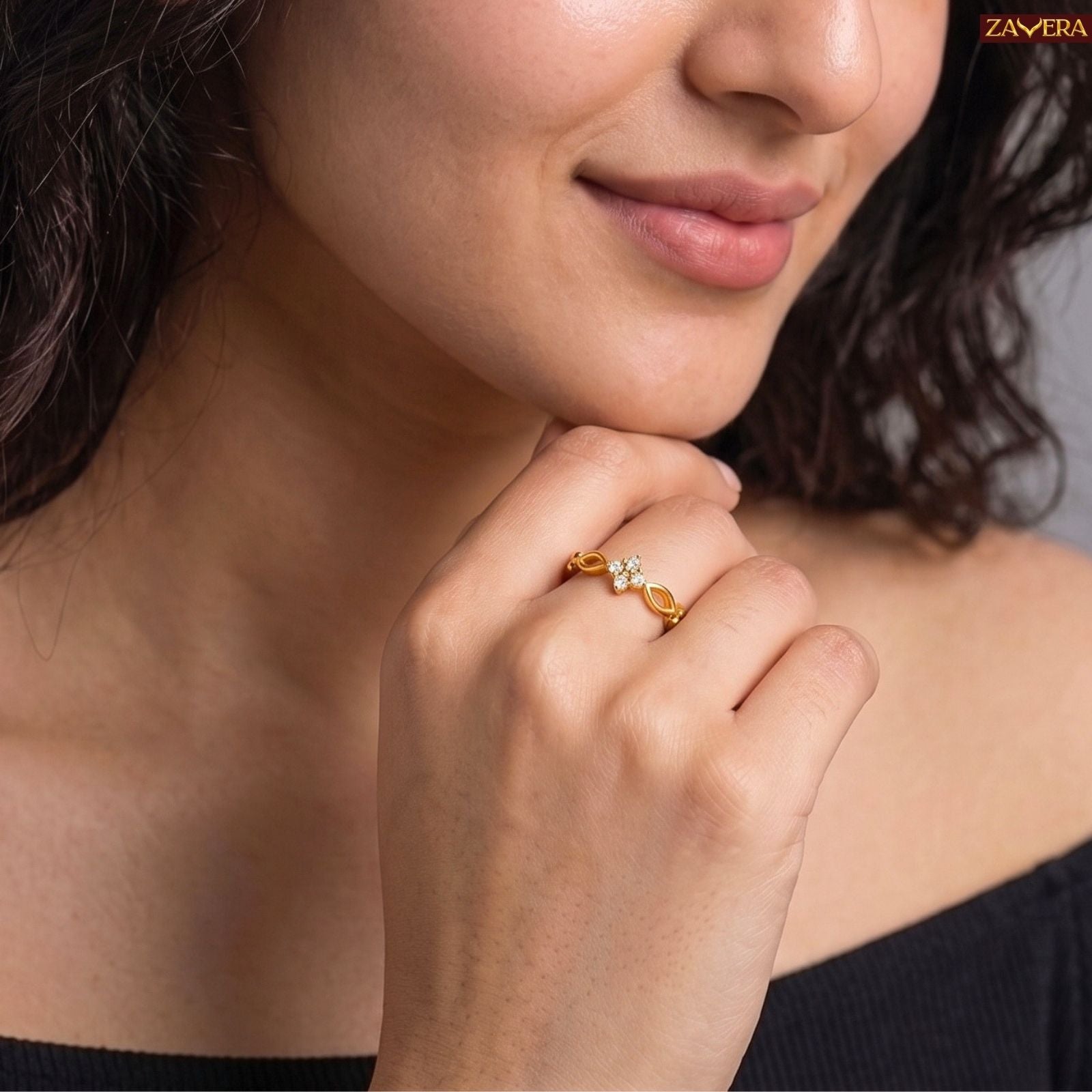 Zavera Brass 22K Adjustable Floral Halo American Diamond Gold Plated Ring For Women
