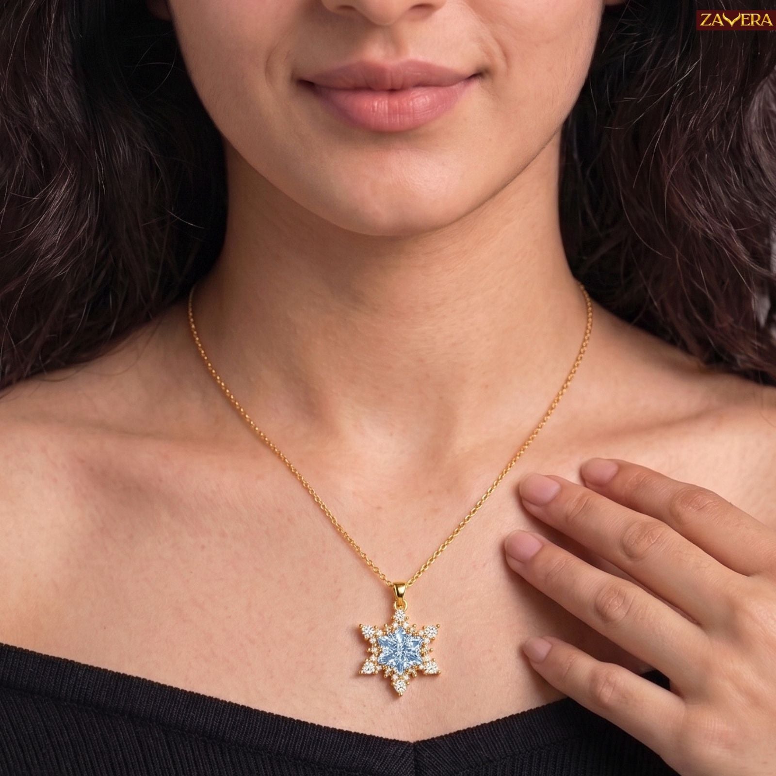 Zavera Gold Plated Dainty Blue Crystal Pendant For Women