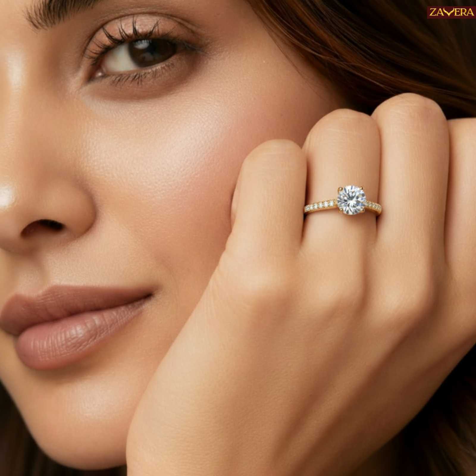 Zavera Gold Plated Classic Spark Solitaire Adjustable Ring