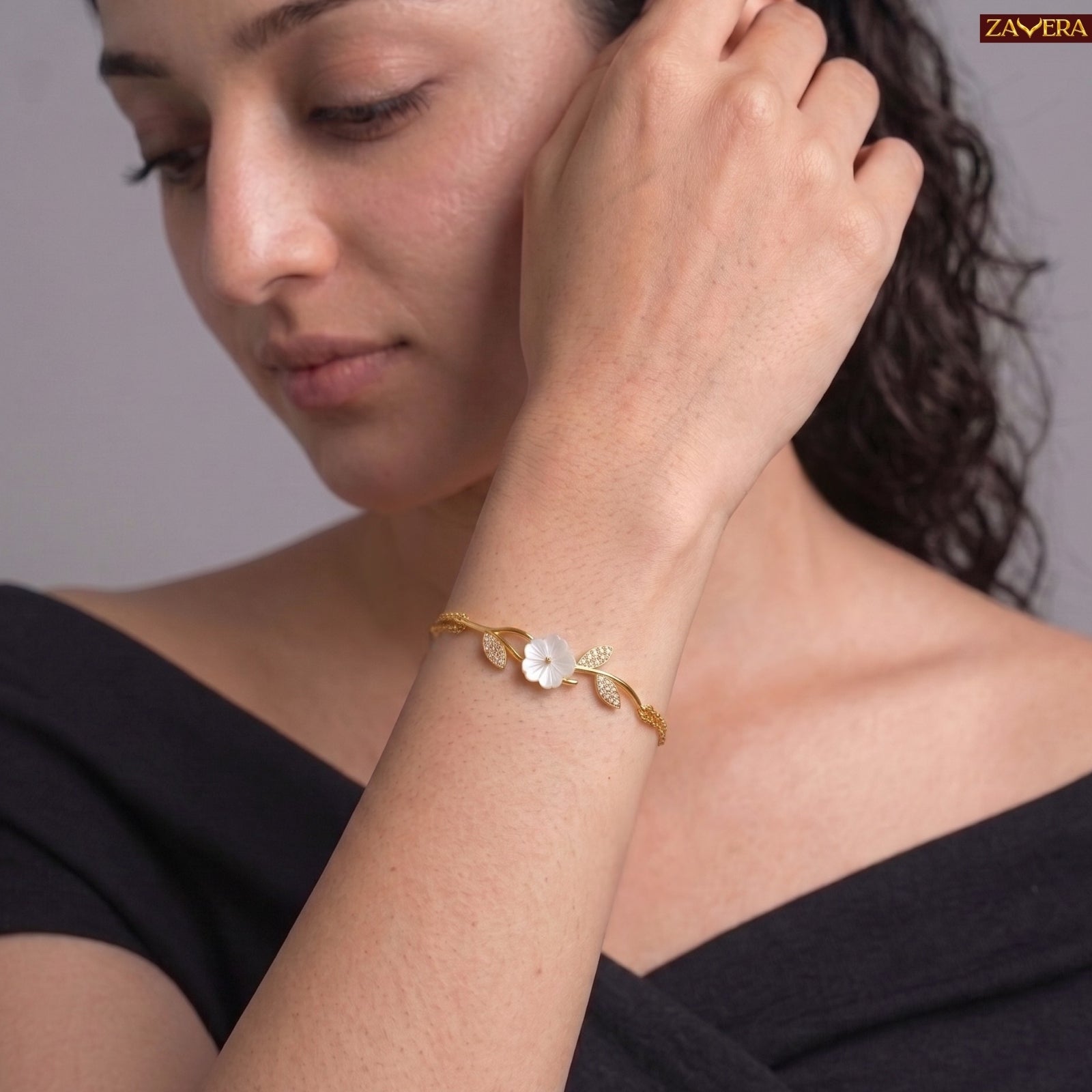 Zavera Gold Plated Carved Mother of Pearl Floral CZ Branch Bracelet for Women