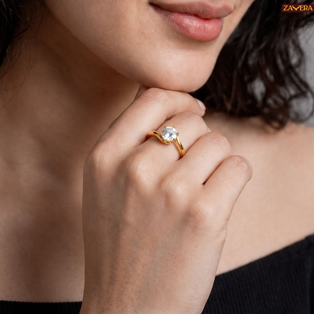 Zavera Brass 22K  Classic Round Cut Solitaire Gold Plated Ring For Women