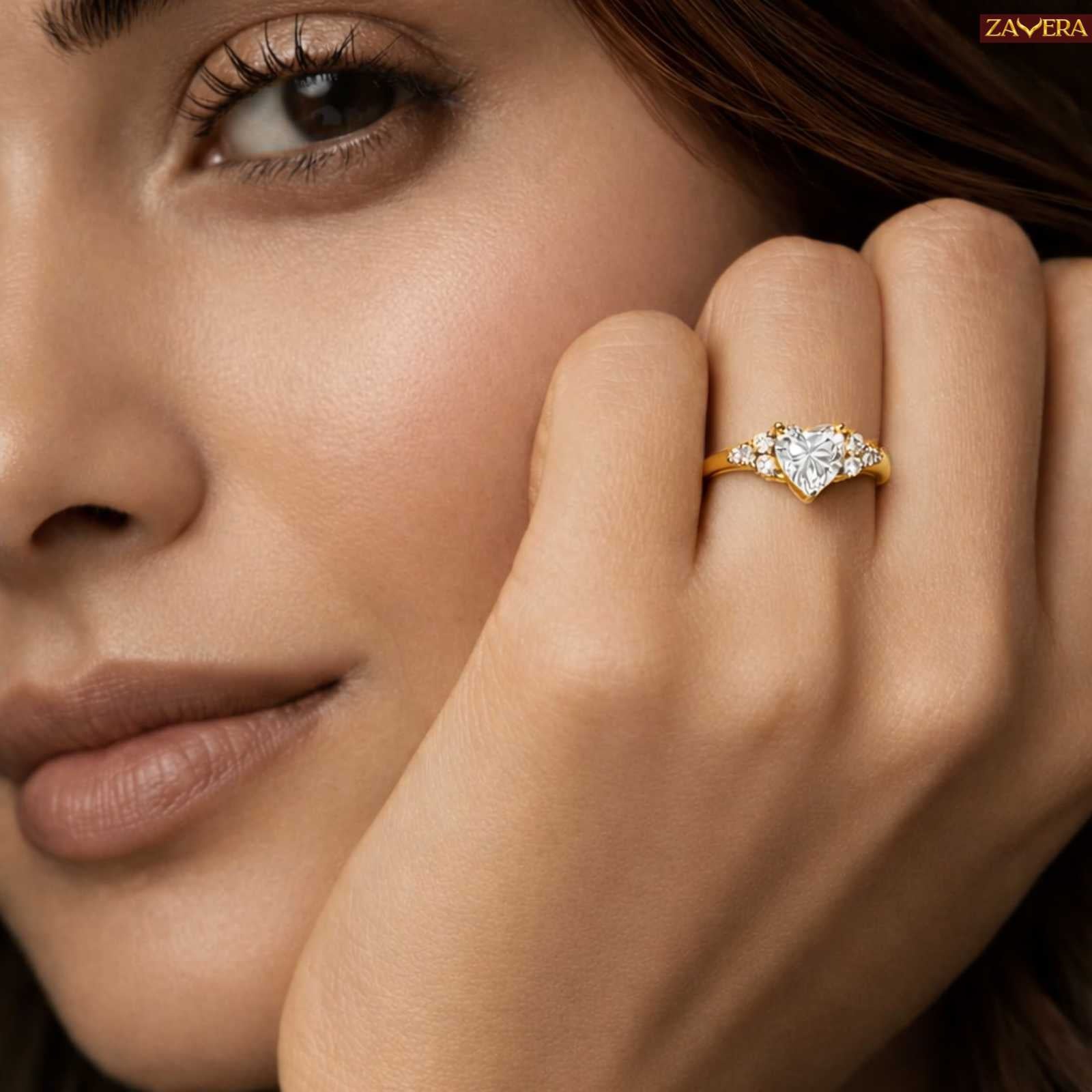 Zavera Heart Shape Diamond Gold Plated Adjustable Ring