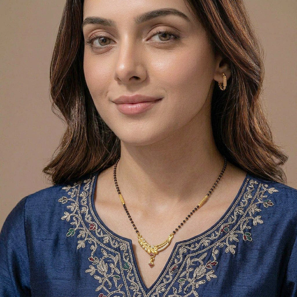 Zavera Sparkling Leaf Charm Gold Plated Mangalsutra
