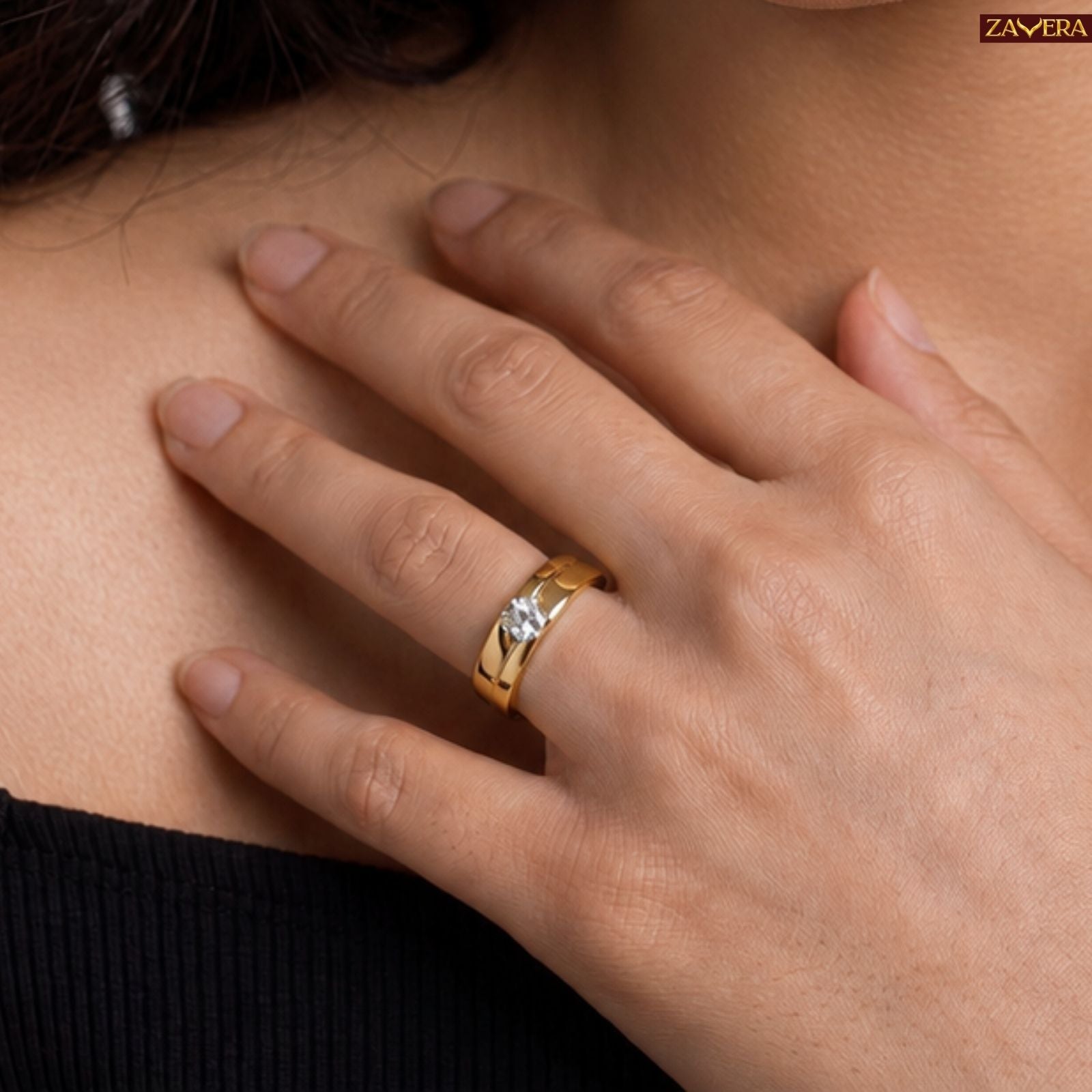 Zavera Brass 22K Adjustable Solitaire American Diamond Gold Plated Ring For Women