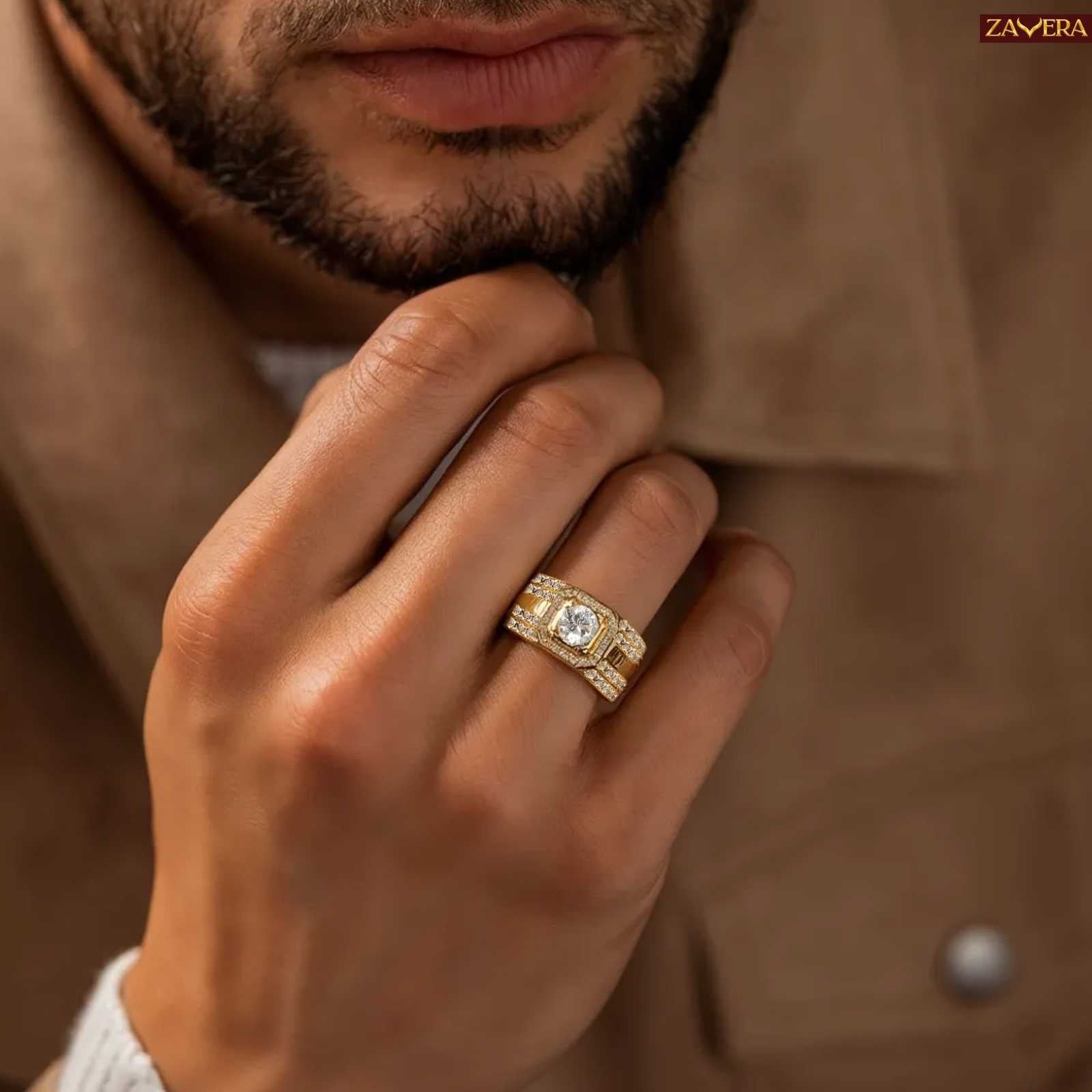 Zavera Gold Plated Royal Square Halo Men's Statement Adjustable Ring