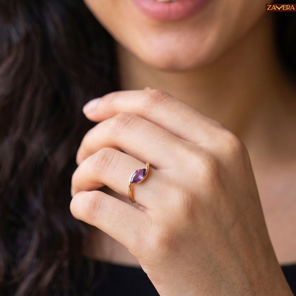 Zavera Brass 22K  Marquise Cut Purple Crystal Gold Plated Ring For Women