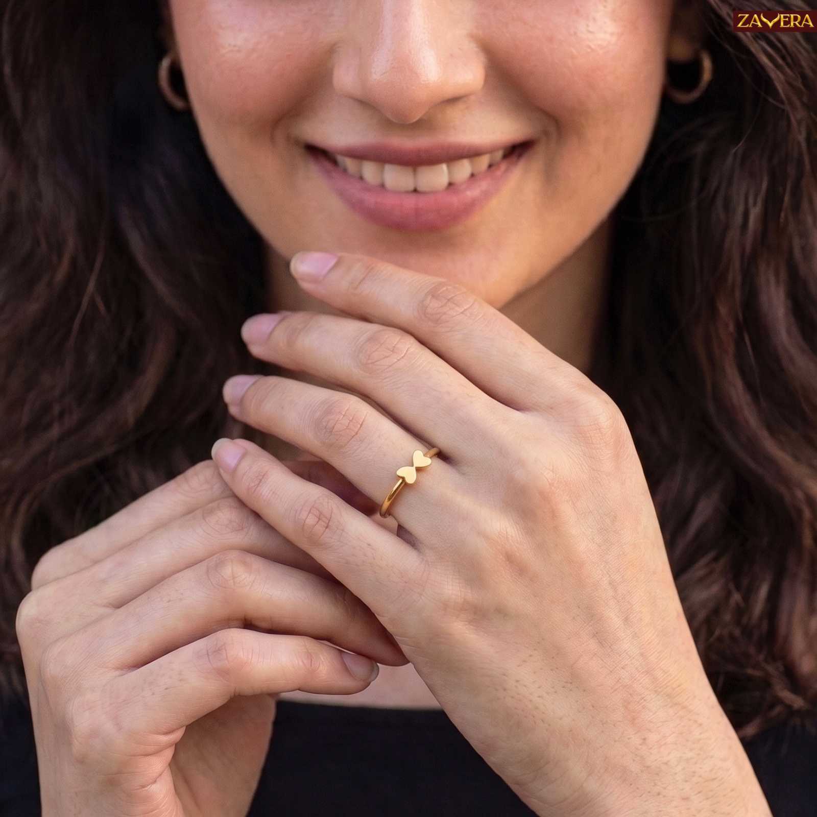Zavera Brass 22K Cute Twin Heart Gold Plated Ring For Women