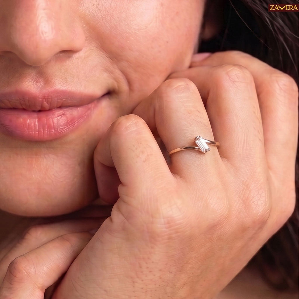 Zavera Brass 22K Minimal Emerald Cut Solitaire Gold Plated Ring For Women