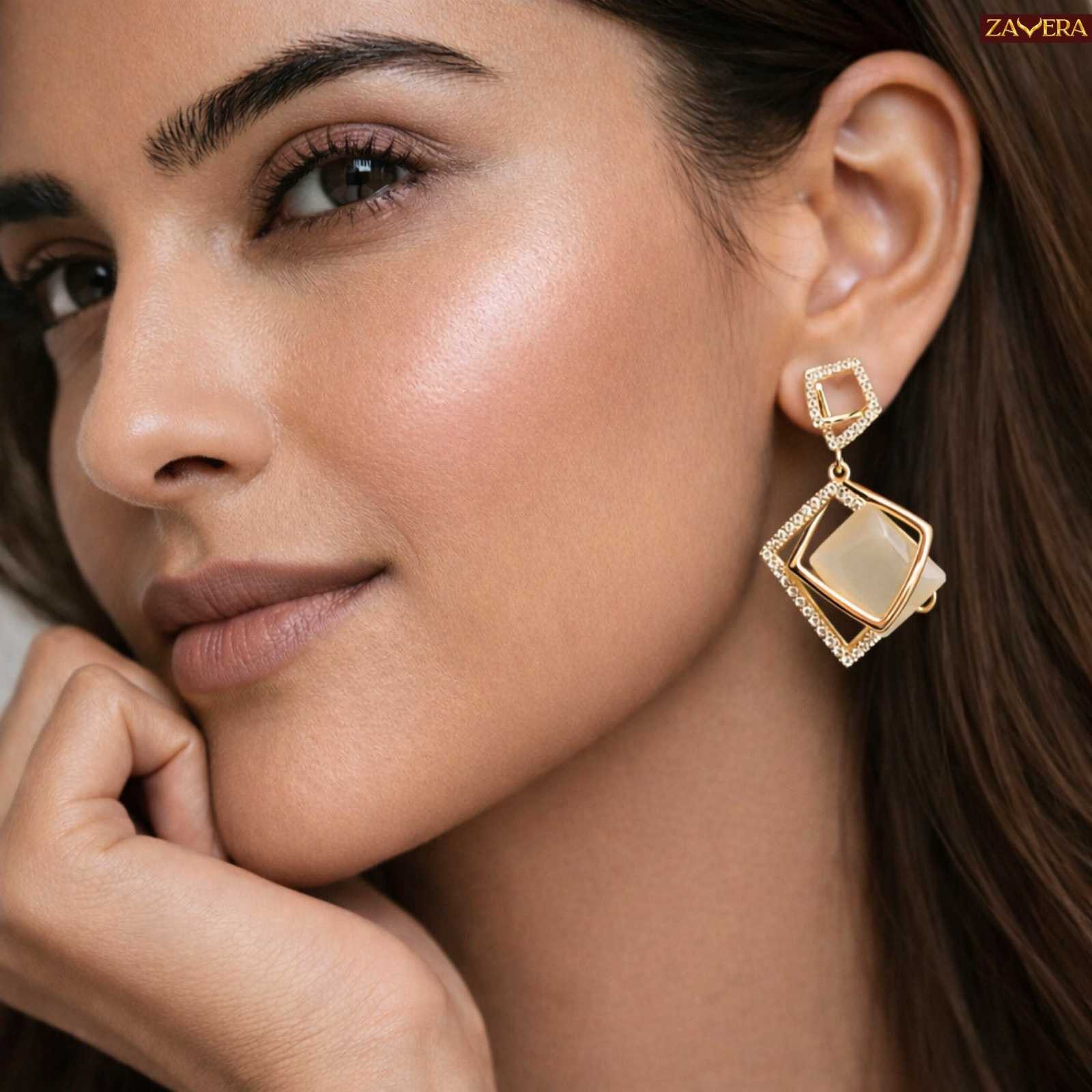 Geometric Crystal Square Gold Plated Drop Earrings For Women