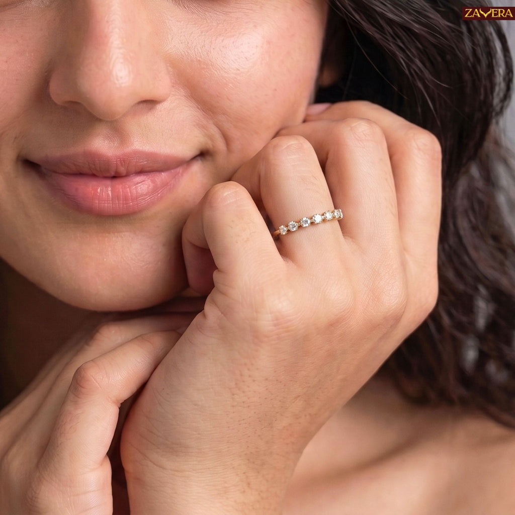 Zavera Brass 22K Delicate Diamond Band Gold Plated Adjustable Ring For Women