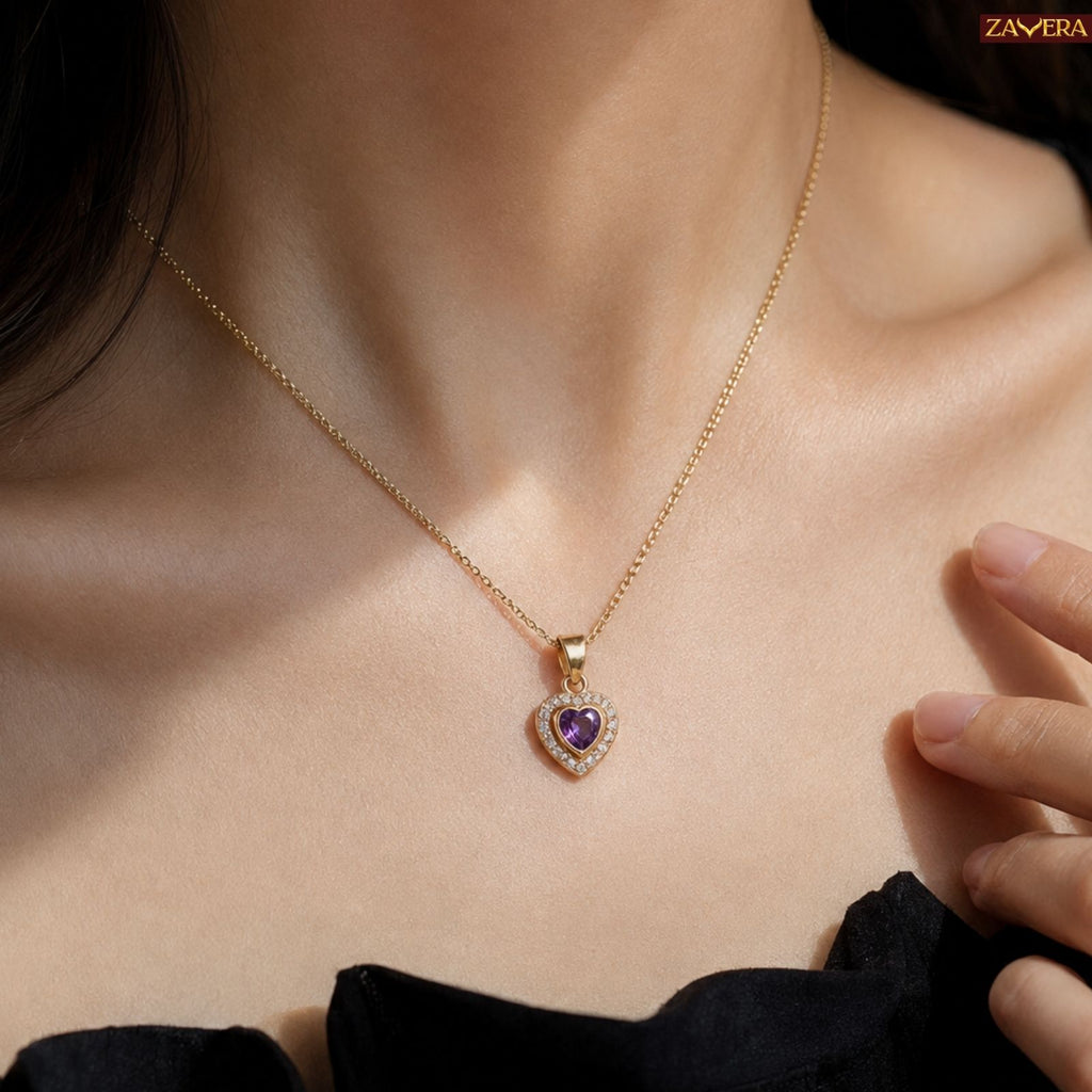 Zavera Gold Plated Purple Heart Pendant Necklace & Earrings Set for Women