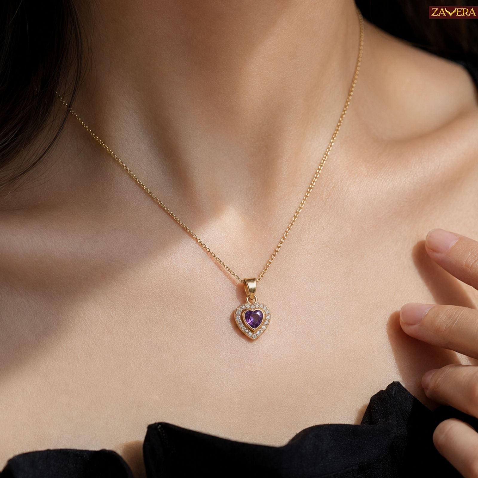 Zavera Gold Plated Purple Heart Pendant Necklace & Earrings Set for Women