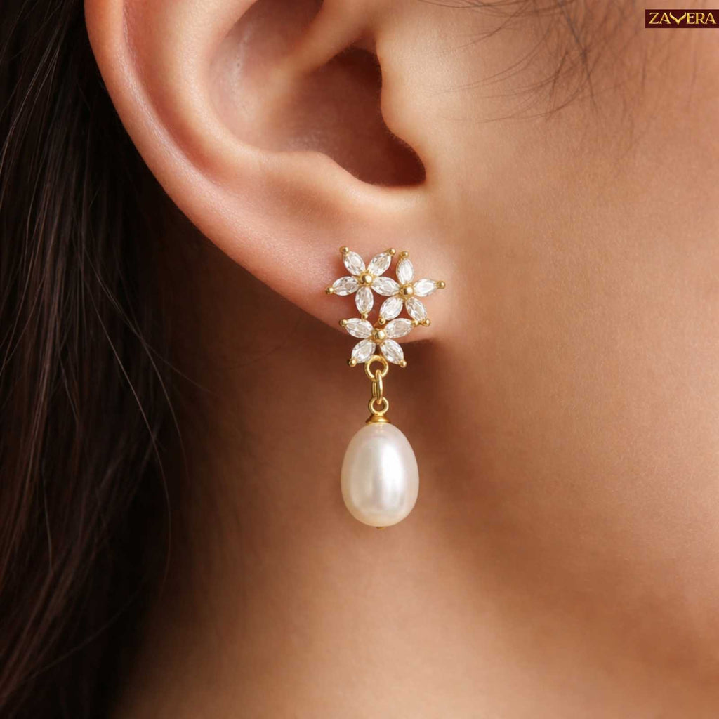 Elegant Floral Pearl Gold Plated Drop Earrings For Women