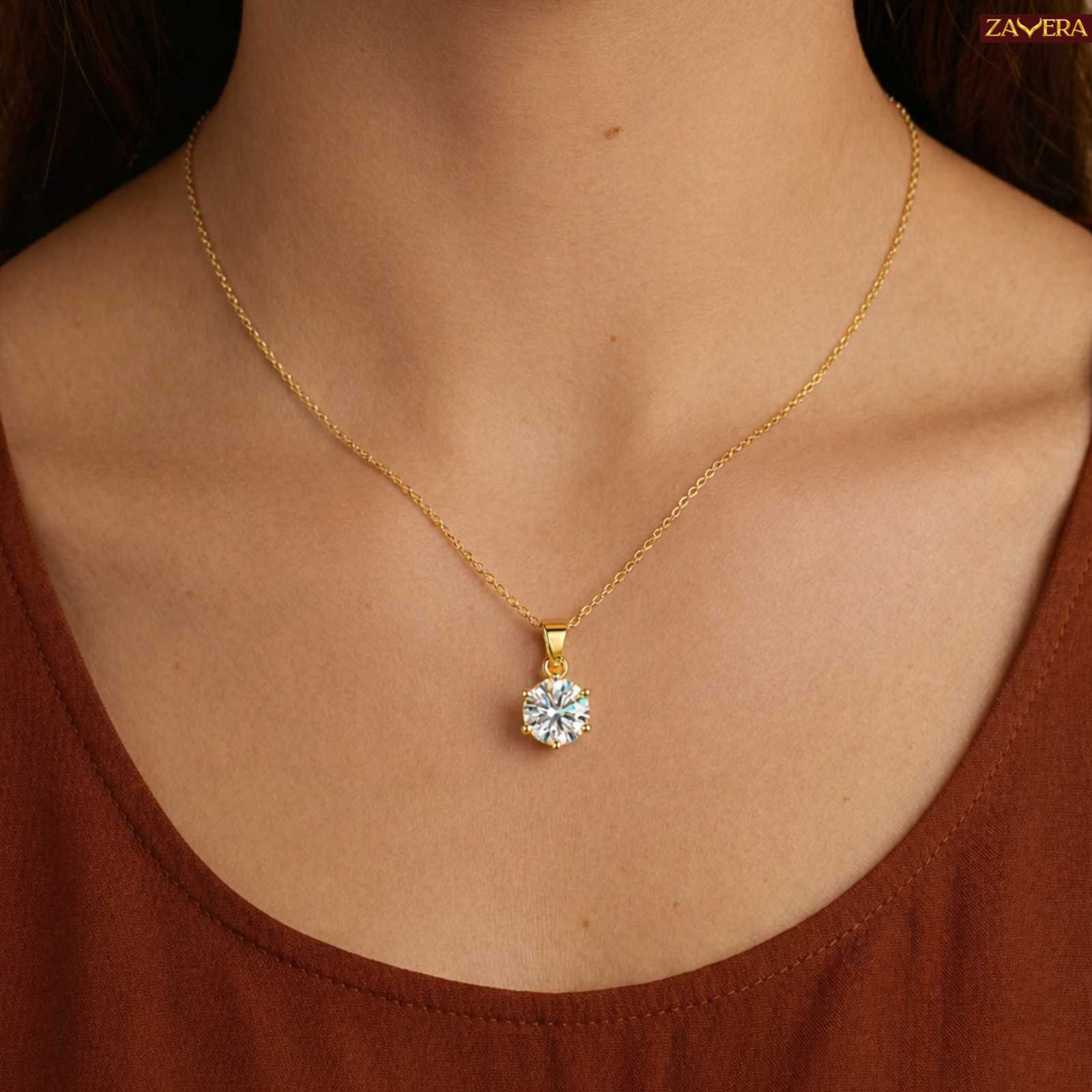 Zavera Round Solitaire Crystal Pendant Gold Plated