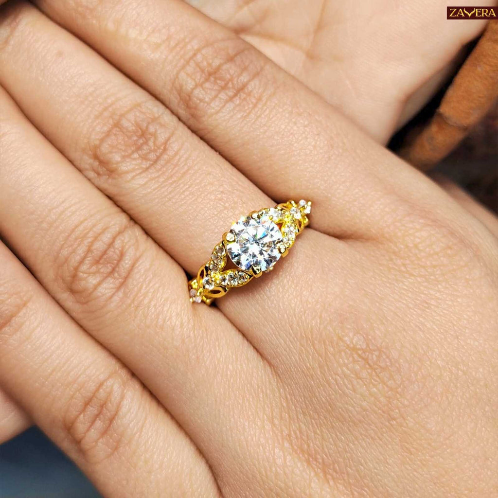 Zavera Gold Plated Floral Crown Solitaire Adjustable Ring